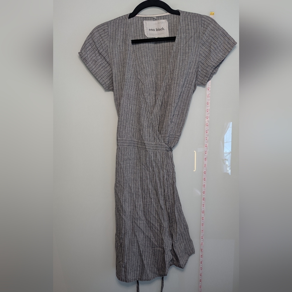 Eno Black Charcoal Striped Midi Wrap Dress